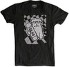Black short sleeve crew neck T-shirt with grey bulldog in sunglasses outlined in black holding grey skateboard with black SBK9 block lettering over a black and grey checkered flag background