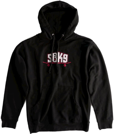 Black flat drawstring hoodie front with sbk9 block letter logo outlined in red on red skateboard with vertical sunglasses with one red lens in the letter B