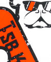 Closeup zoomed in car magnet with black outlined white bulldog in red and white sunglasses holding red skateboard outlined in black with black SBK9 lettering