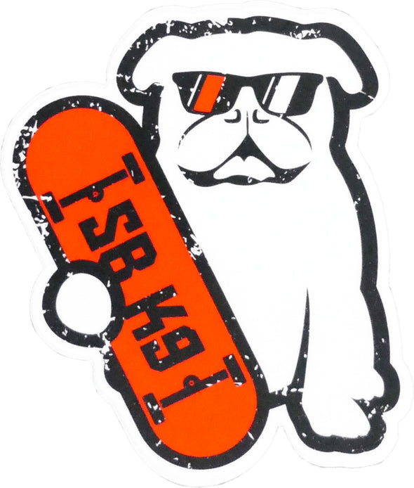 Car magnet with black outlined white bulldog in red and white sunglasses holding red skateboard outlined in black with black SBK9 lettering