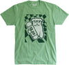 Apple green short sleeve crew neck T-shirt with white bulldog in sunglasses holding white skateboard with SBK9 block lettering on dark green and apple green checkered flag background