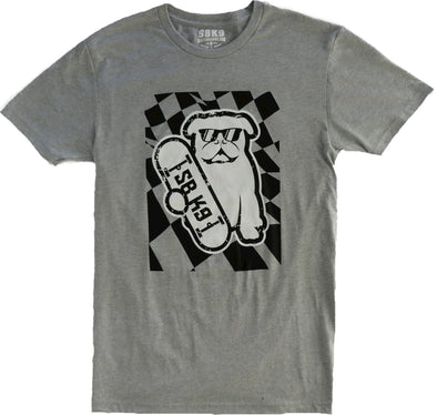 Heather grey short sleeve crew neck T-shirt with white bulldog holding white skateboard with SBK9 block lettering on black and grey checkered flag background