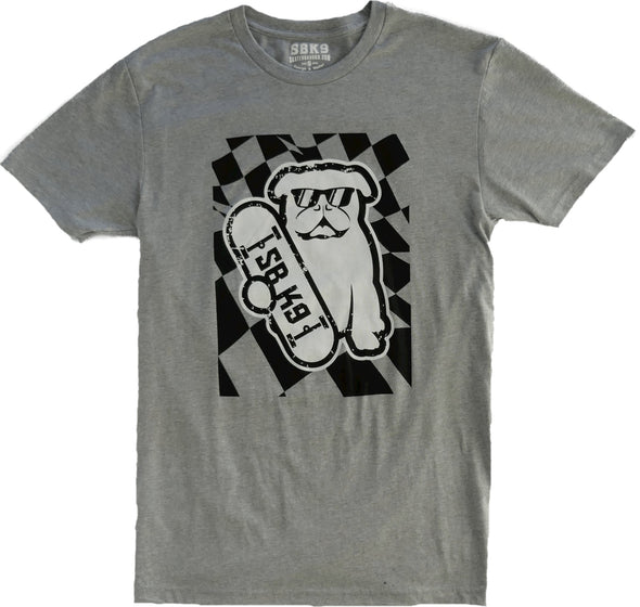 Heather grey short sleeve crew neck T-shirt with white bulldog holding white skateboard with SBK9 block lettering on black and grey checkered flag background