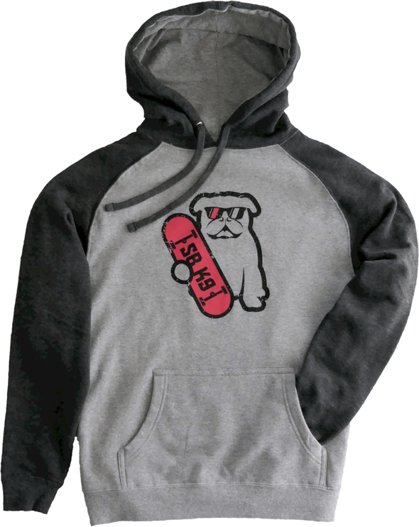 Black outlined gunmetal heather bulldog with one red sunglass lens and one gunmetal heather sunglass lens holding red skateboard with black SBK9 lettering on long sleeve gunmetal and charcoal raglan hoodie