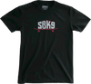 White SBK9 block lettering outlined in red on red skateboard on black short sleeve crew neck t-shirt