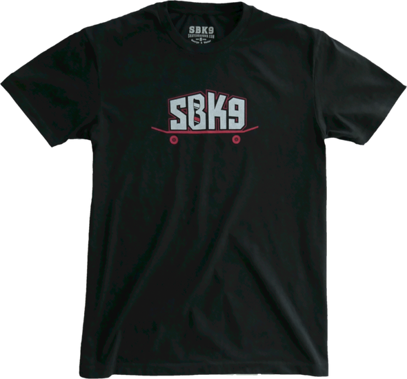 White SBK9 block lettering outlined in red on red skateboard on black short sleeve crew neck t-shirt
