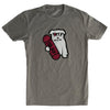 Stone grey short sleeve crew neck t-shirt with black outlined white bulldog in red and white sunglasses holding red skateboard with black SBK9 block lettering