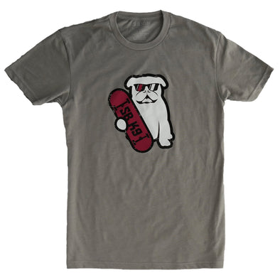 Stone grey short sleeve crew neck t-shirt with black outlined white bulldog in red and white sunglasses holding red skateboard with black SBK9 block lettering