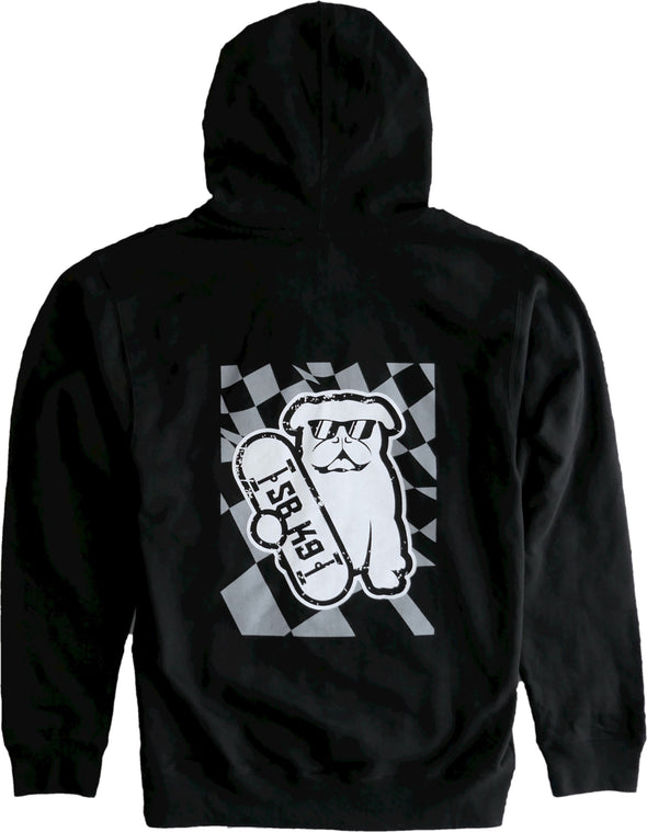 White bulldog with sunglasses outlined in black and white holding white skateboard with black block print SBK9 over grey and black checkered flag background graphic on back of black long sleeve hoodie sweatshirt